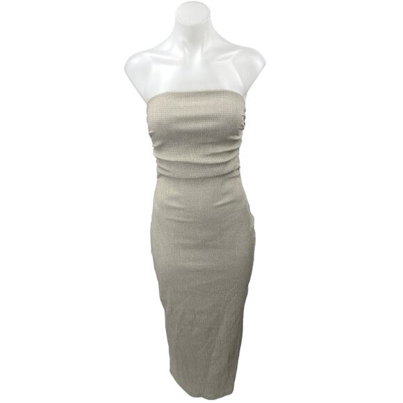 Zara Cream Beige Strapless Sleeveless Bandeau Tube Bodycon Midi Dress Size S - Picture 1 of 5